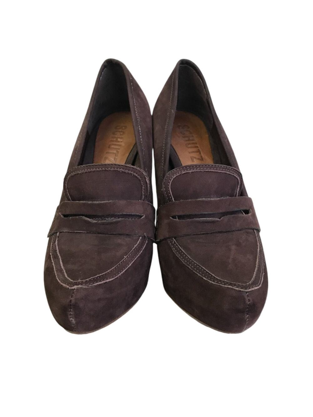 Schutz Pump Shoes Womens 7B Brown Suede Slip On Leather Sole High Block Heels